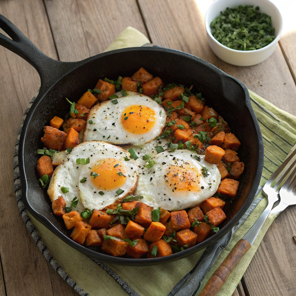 Sweet Potato and Egg Skillet - sunny eggs surrounded by crispy sweet potato cubes, chives, black pepper, in cast iron skillet on rustic wood table.