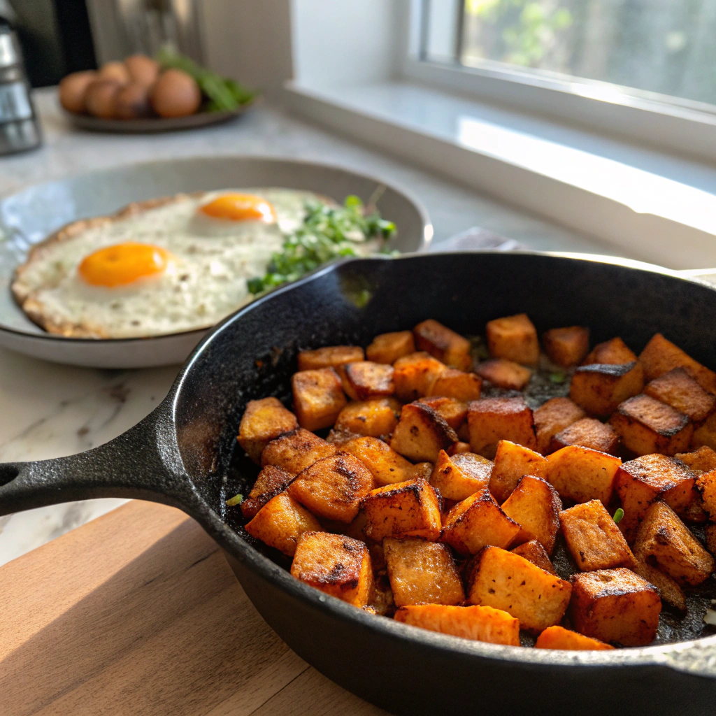 Sweet Potato and Egg Skillet - Crispy golden-brown sweet potato cubes with eggs in cast iron skillet, inviting natural light shot.