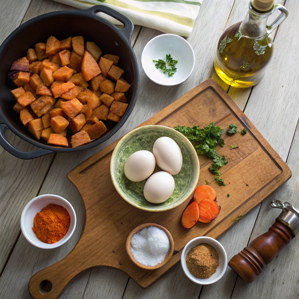 Sweet Potato & Egg Skillet ingredients: sweet potatoes, eggs, olive oil, spices. Rustic flat lay with clean, organized composition using natural light.