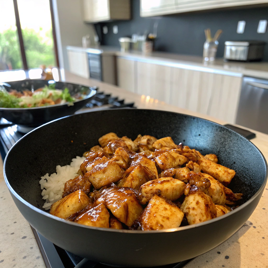 Teriyaki bowl chicken pieces caramelized golden brown in a skillet, glazed evenly with savory sauce.