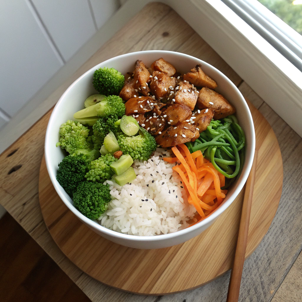 Teriyaki bowl with glazed chicken, white rice, fresh veggies in assembly process on rustic surface.