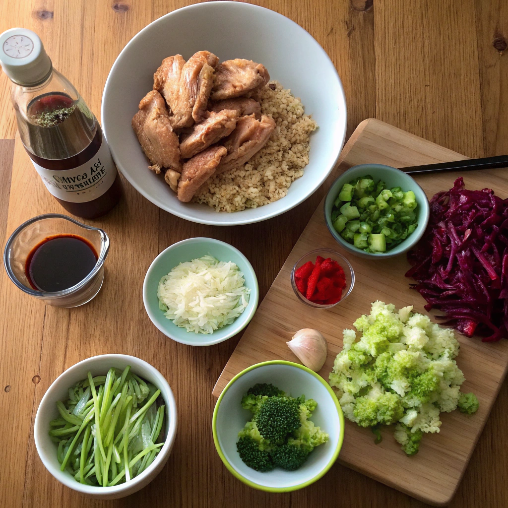 Teriyaki bowl ingredients flat lay: chicken, soy sauce, mirin, vegetables, garnishes arranged beautifully for cooking.