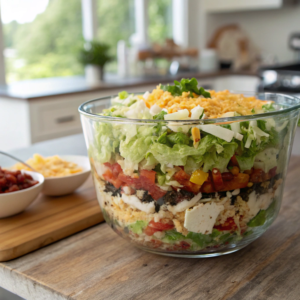 Layered tex-mex chopped salad ingredients in clear glass bowl: fresh lettuce, proteins, veggies, cheese on rustic wood surface. Detailed photo composition.