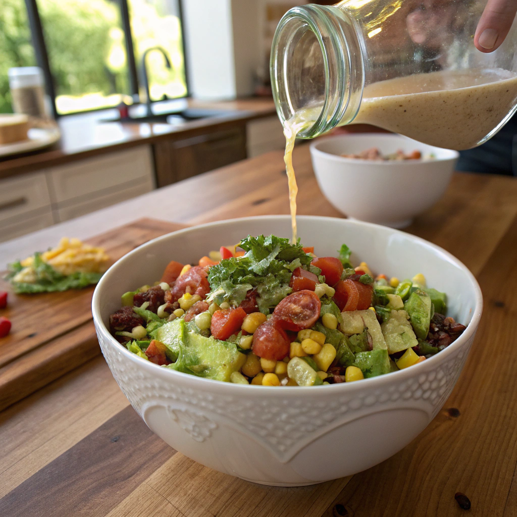 Tex Mex chopped salad tossed, glistening ingredients in ceramic bowl, rustic wood table, sunlit kitchen, eye-catching textures.