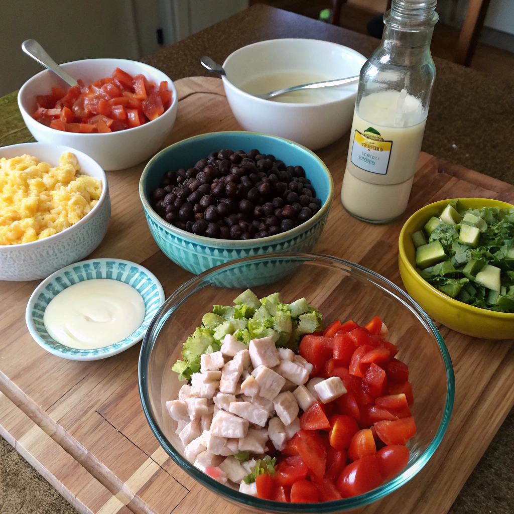 Tex Mex chopped salad prep with romaine, chicken, beans, veggies, cheese, chips artfully arranged in colorful bowls for mouthwatering visual appeal.