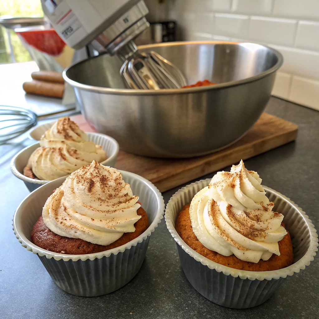 Tiramisu cupcakes with mascarpone frosting in mixing bowl showcasing stiff peaks, electric whisk visible, capturing creamy texture.