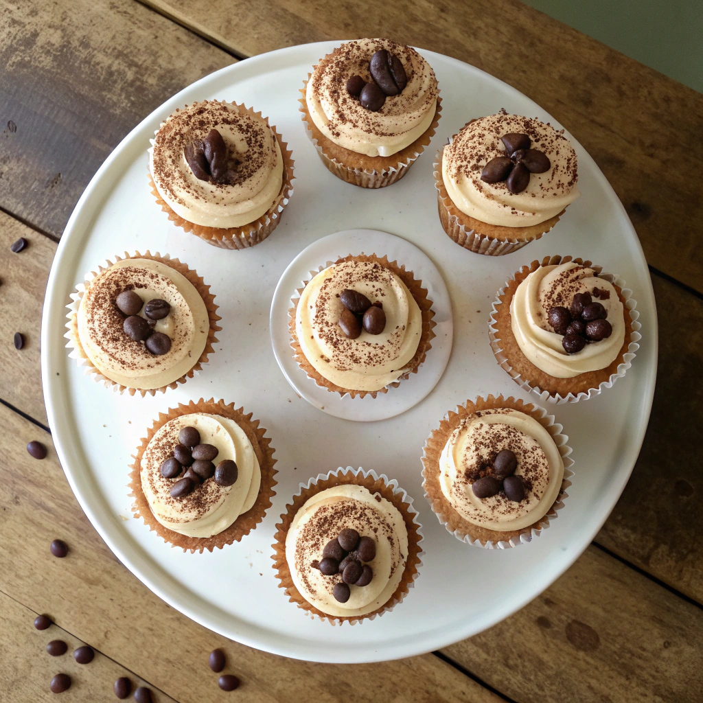 Tiramisu cupcakes with espresso bean topping, dusted cocoa and chocolate shavings in a circular arrangement, captured overhead.