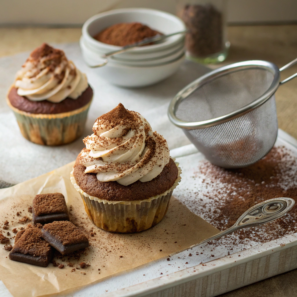 Tiramisu cupcakes: cocoa dusted, piped mascarpone frosting, layered dessert photographed mid-assembly.