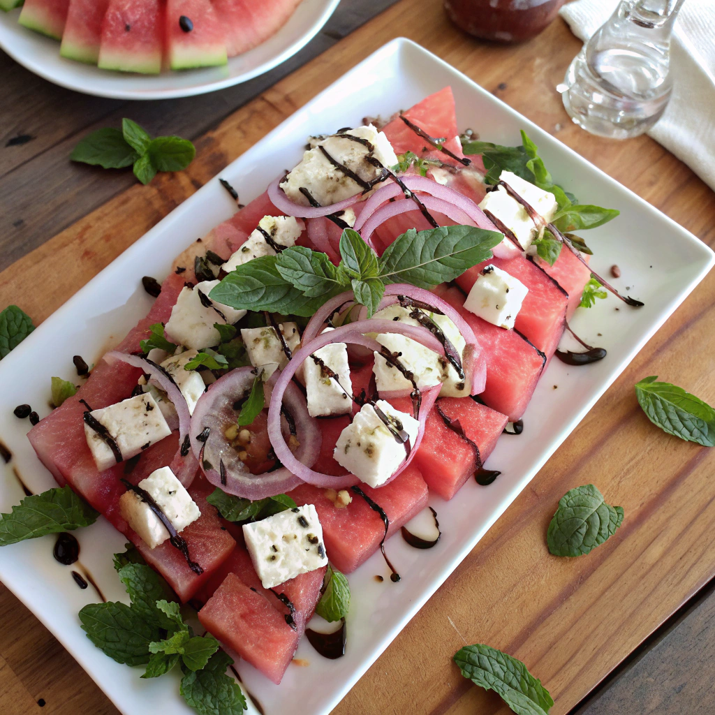 Watermelon Feta Salad, layers of pink watermelon, white feta, balsamic drizzle, mint leaves on rustic wooden table. Vibrant summer salad photo.