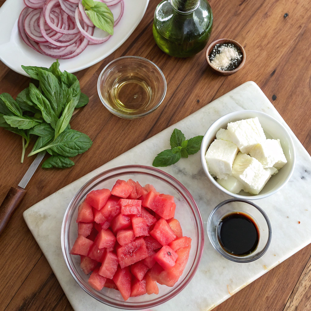 Watermelon Feta Salad ingredients arranged artistically: cubed watermelon, feta, mint, basil, onions, olive oil, salt, pepper, balsamic on rustic table.