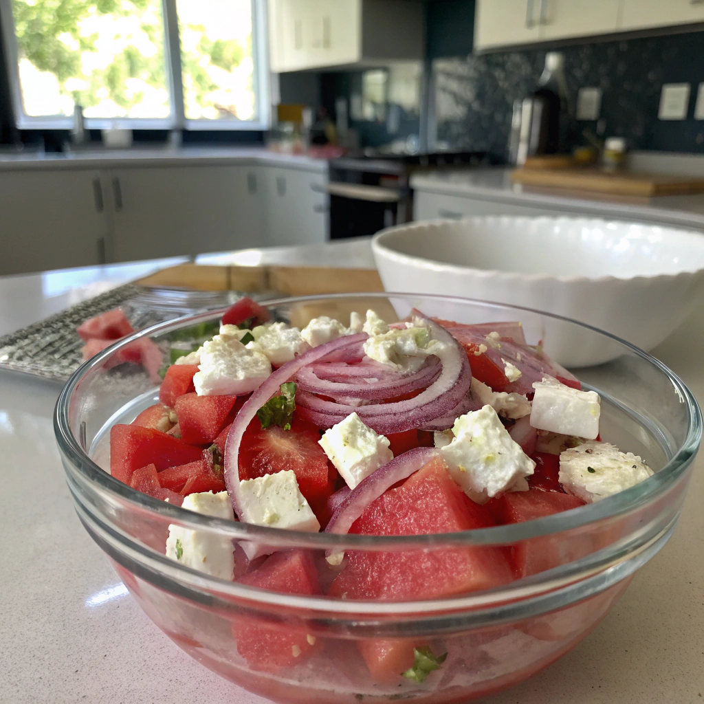 Up-close view of Watermelon Feta Salad prep: red onions soaking in water, colorful fruit and cheese slices, inviting natural light.