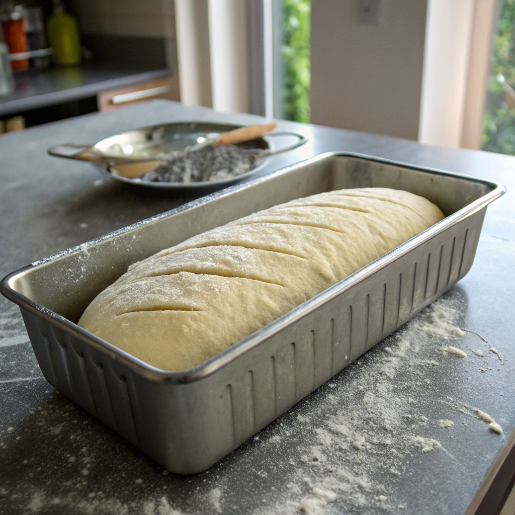 Yogurt bread dough, lightly floured, in pan before resting. Greased loaf tin, scored surface, modern kitchen setup.