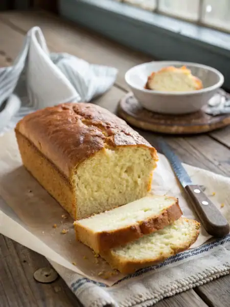 Yogurt bread recipe loaf shot angled on wooden table, fluffy interior shown, golden brown with yogurt texture, kitchen styling.