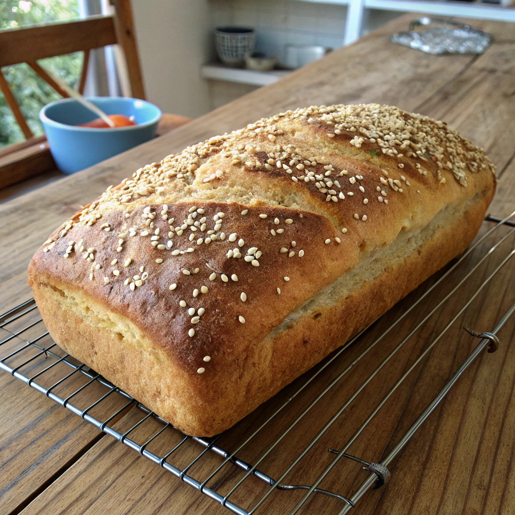 Yogurt bread recipe golden loaf on rustic table with sesame seeds, capturing texture of crust in overhead shot of homemade yogurt bread.