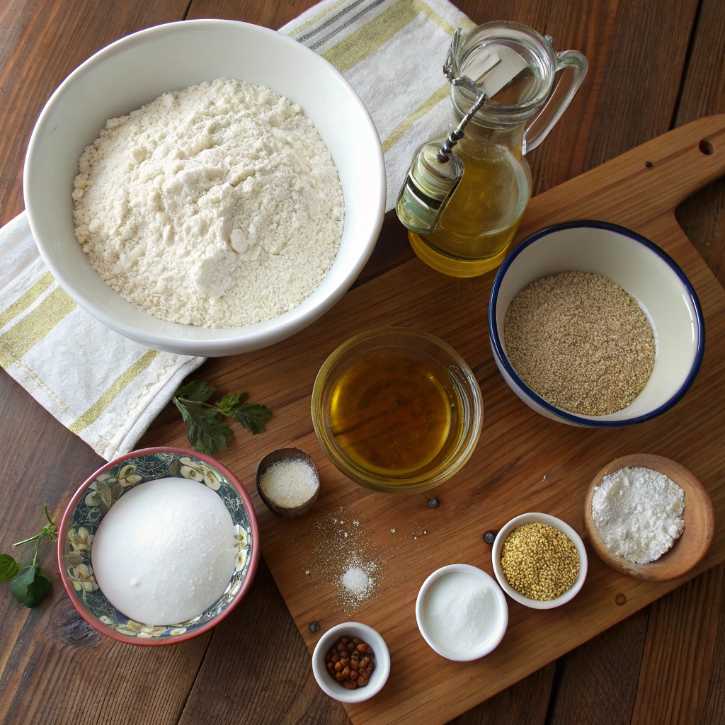 Yogurt bread recipe ingredients: flour, yogurt, honey, olive oil, baking powder, soda, salt, water. Flat lay of items arranged on rustic table.