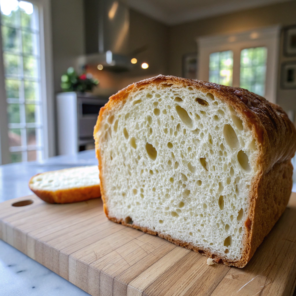 Yogurt bread recipe slice on wood board shows fluffy crumb texture with air pockets from fermentation, inviting cozy kitchen atmosphere.