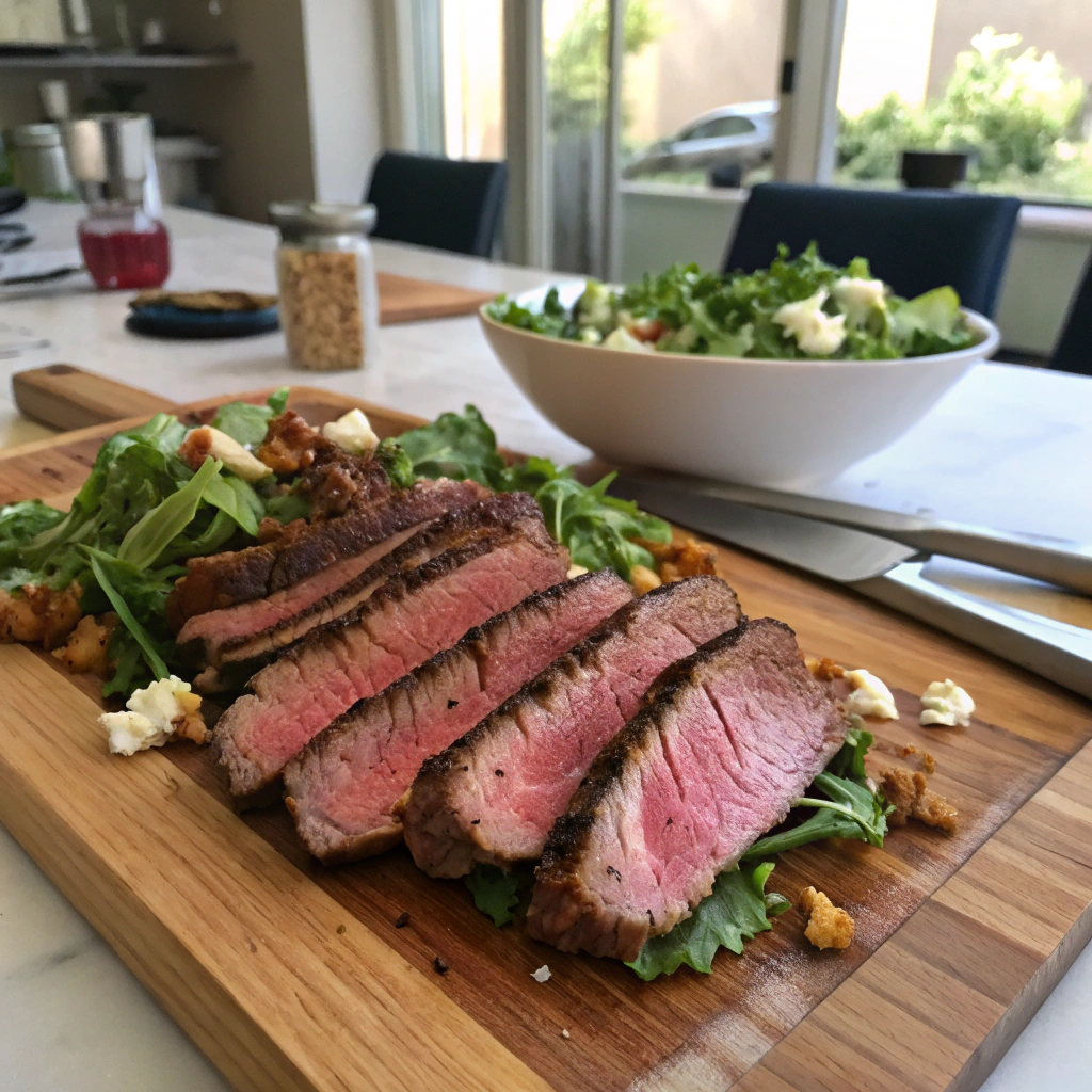 Zesty Steak Salad, sliced flank steak, medium-rare center, juicy cutting board, chef's knife, inviting kitchen scene.