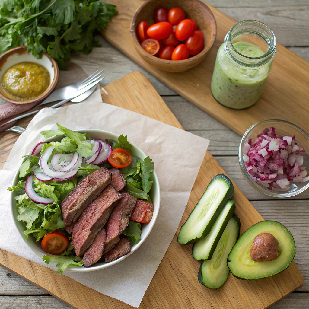 Zesty Steak Salad ingredients-flank steak, greens, tomatoes, onion, cucumber, avocado, herbs, dressing-arranged in rustic kitchen setup.