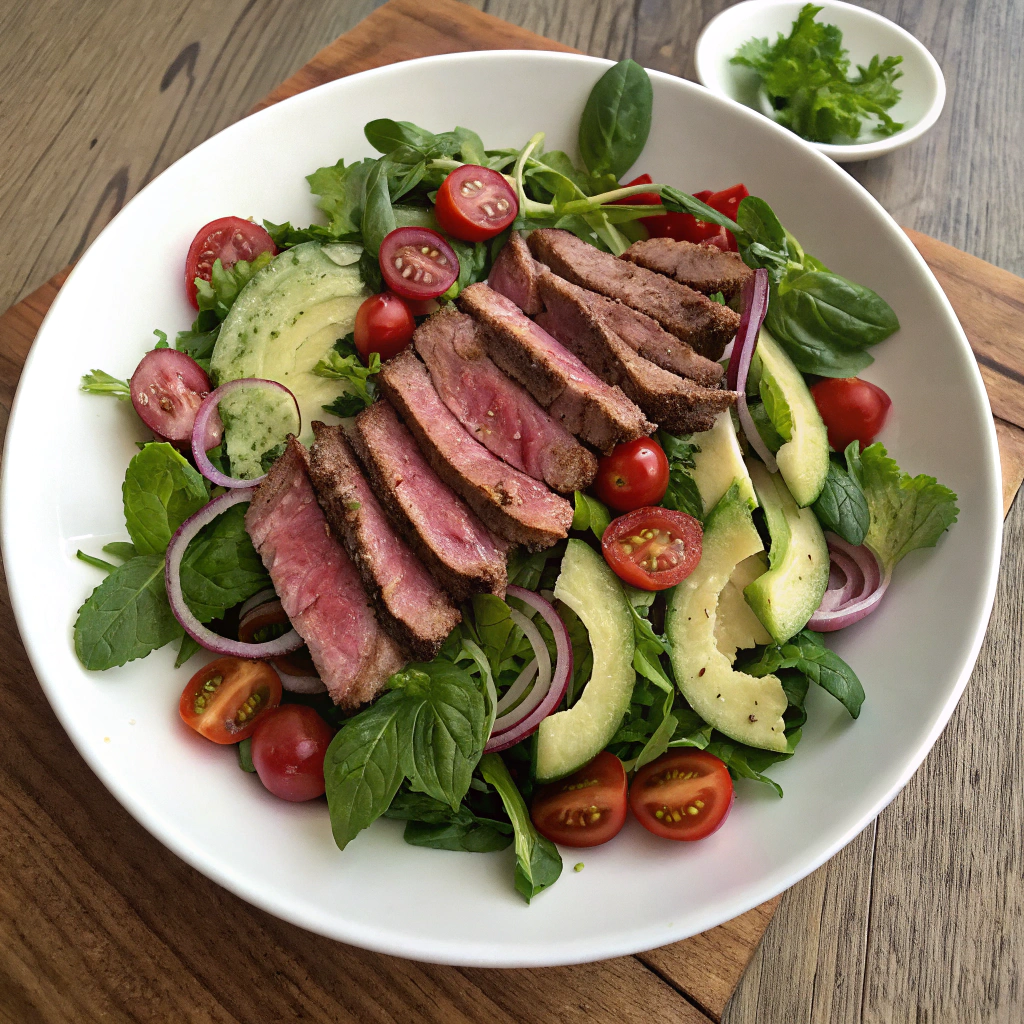 Zesty Steak Salad artfully arranged overhead shot with flank steak, greens, tomatoes, cucumber, onion, avocado, mint, basil on white plate.