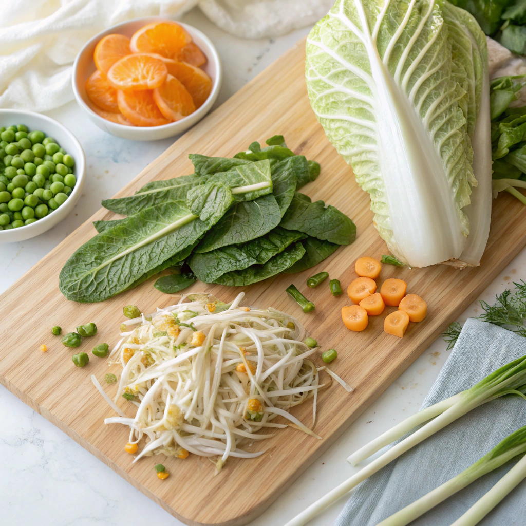 Asian salad recipe ingredients freshly washed and arranged on wooden cutting board, including cabbage, sprouts, and oranges