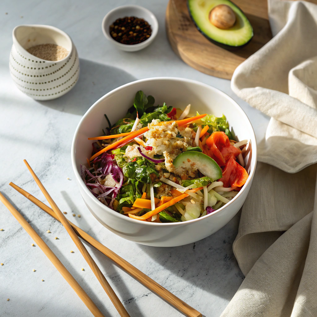 Asian salad recipe featuring colorful vegetables, sesame seeds, and chopsticks in white ceramic bowl