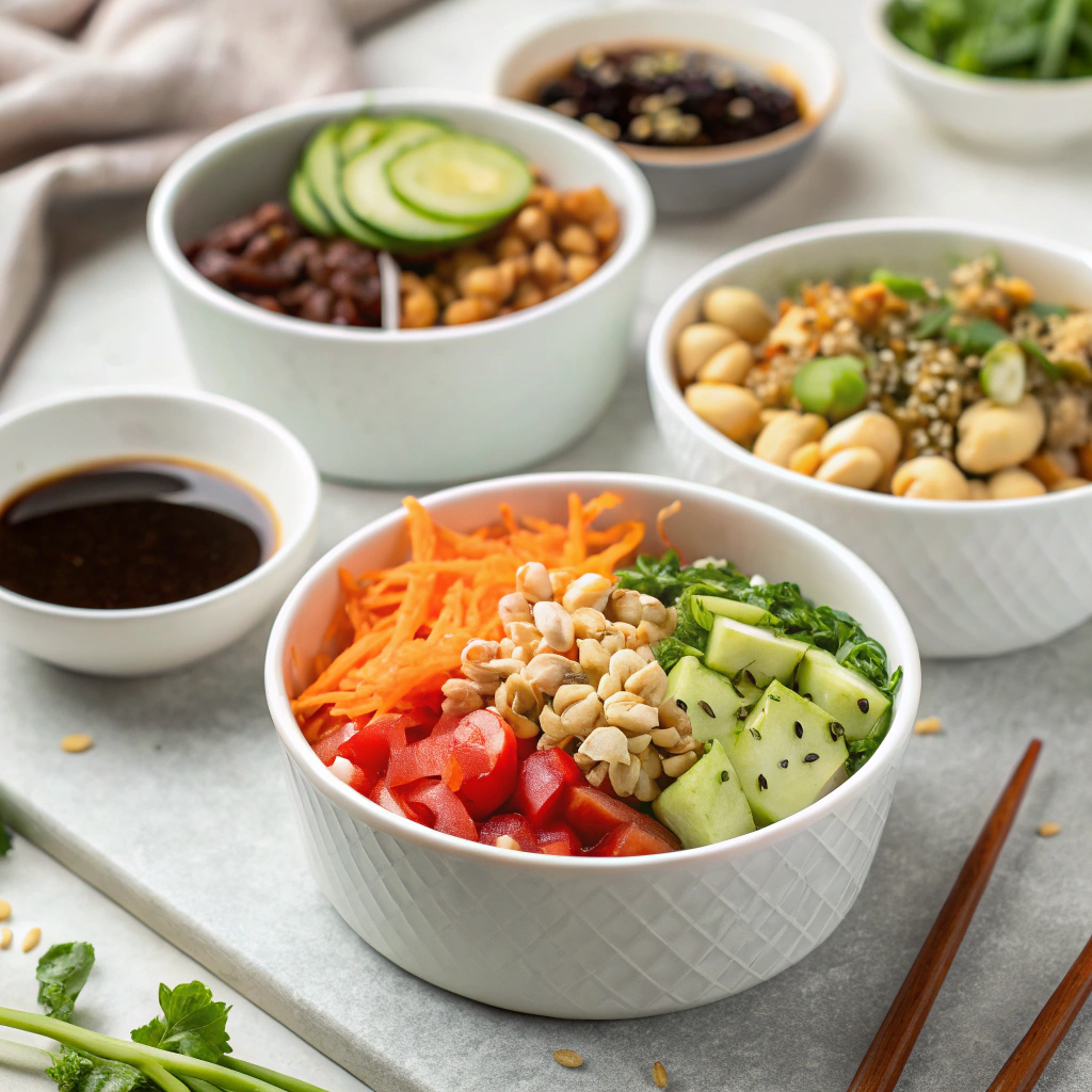 Asian salad recipe variations showing traditional regional styles with authentic ingredients and colorful presentations