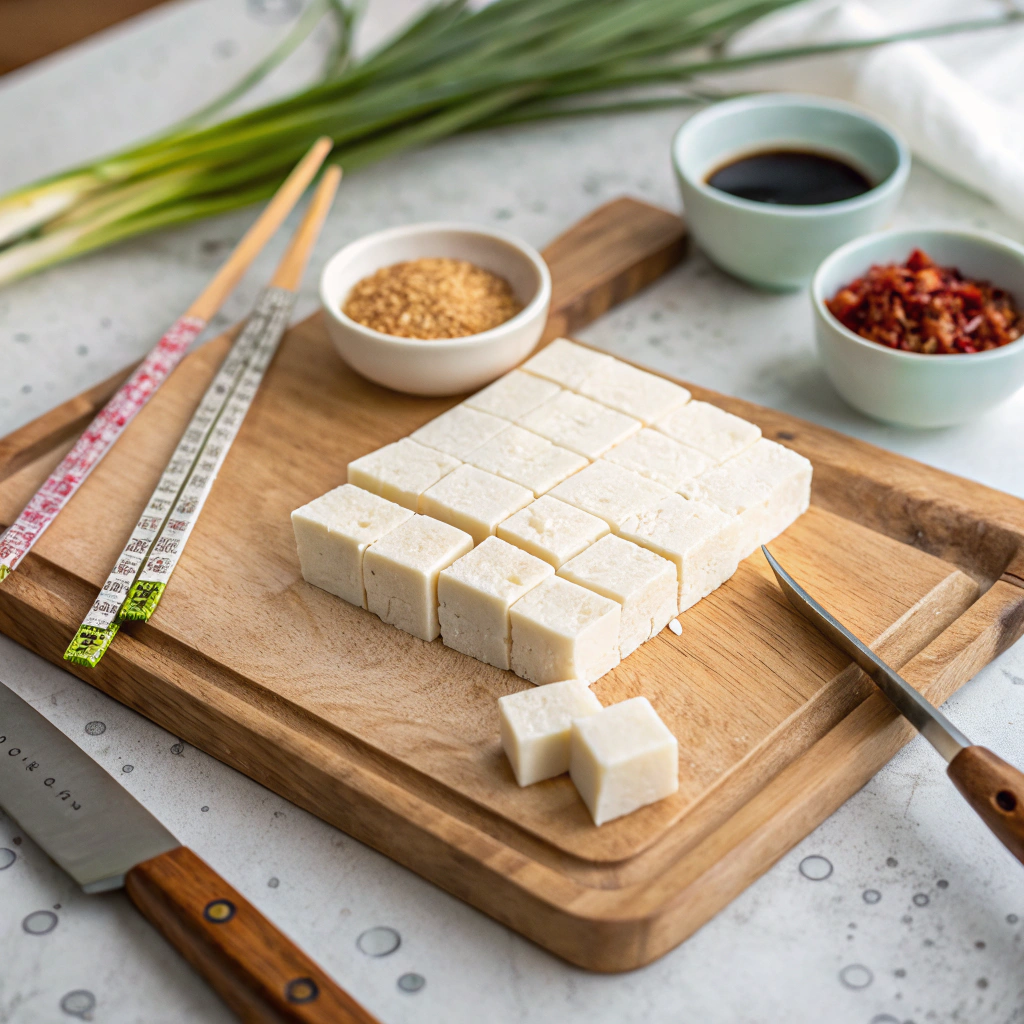 Asian tofu salad recipe preparation showing precise cutting technique for extra-firm tofu on wooden board