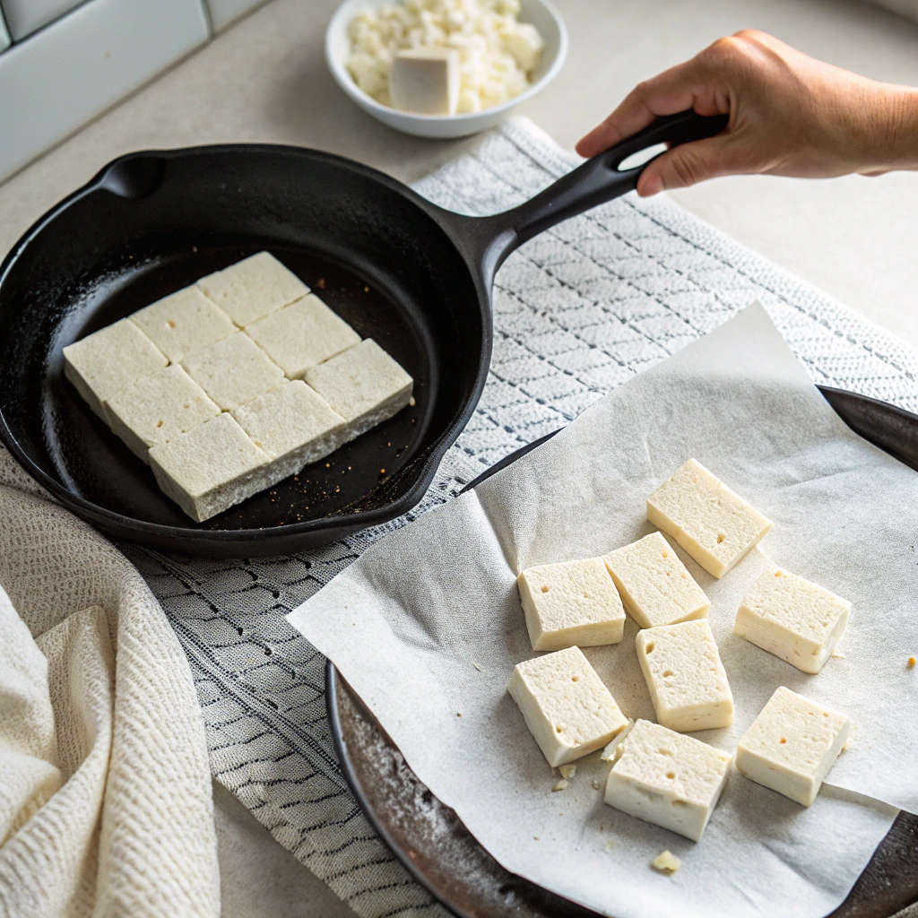 asian tofu salad recipe preparation showing tofu pressing technique and uniform cubes for perfect texture