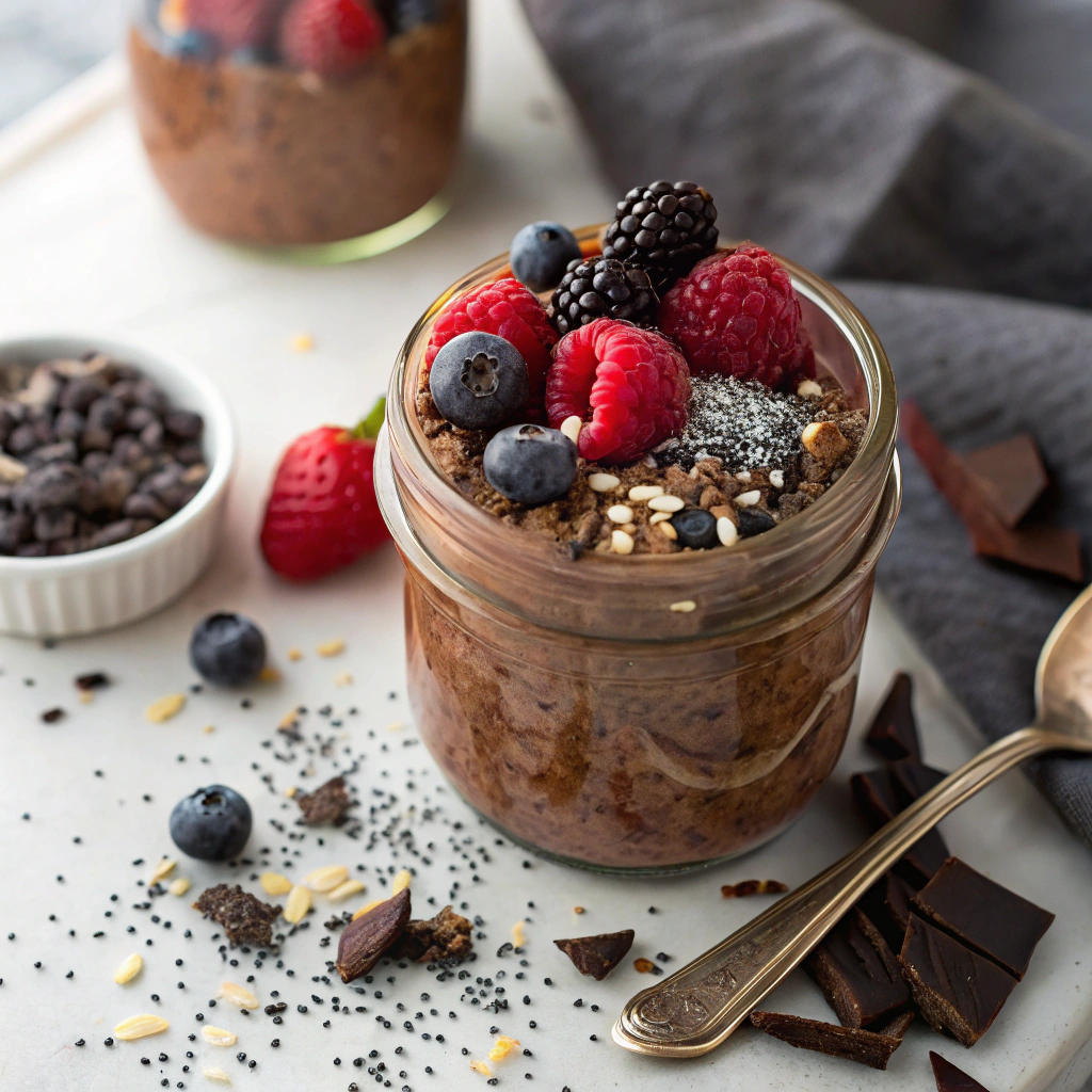 Chocolate protein overnight oats topped with fresh mixed berries, dark chocolate shavings, and chia seeds in a glass jar