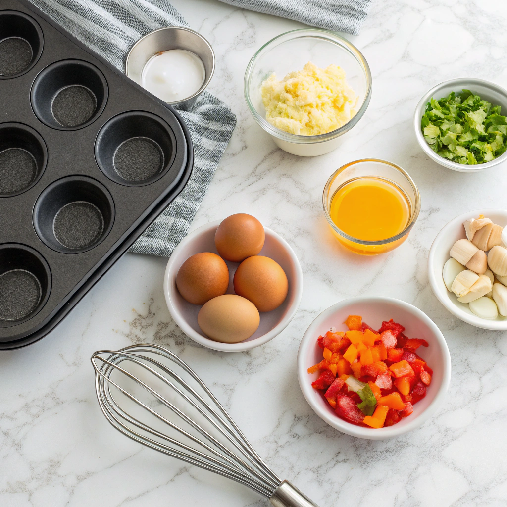 egg frittata muffins ingredients and equipment laid out on marble counter including muffin tin and fresh vegetables