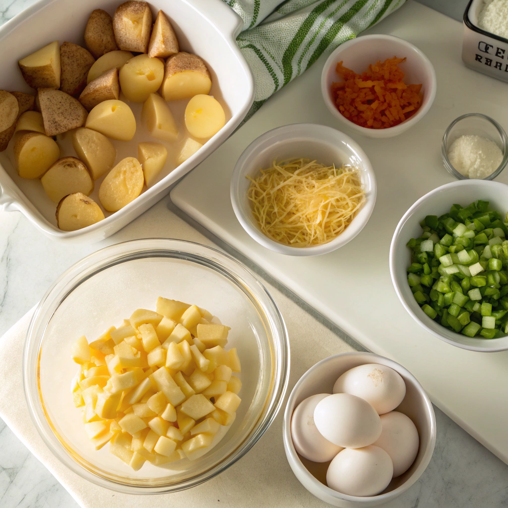 egg and potato casserole ingredients prepped and organized in separate bowls on white marble counter