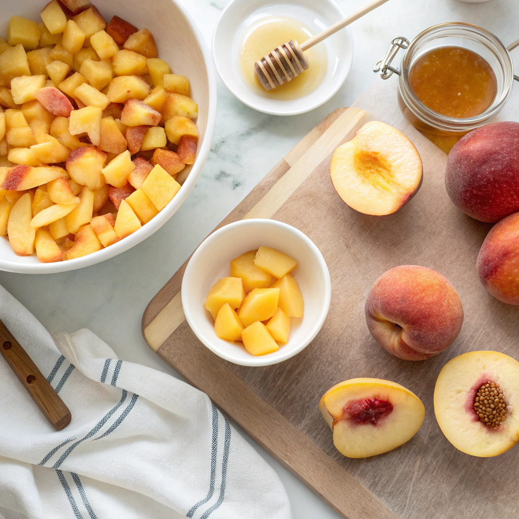 Fresh peaches being prepped for peach cornbread muffins, showing whole and diced fruit with honey