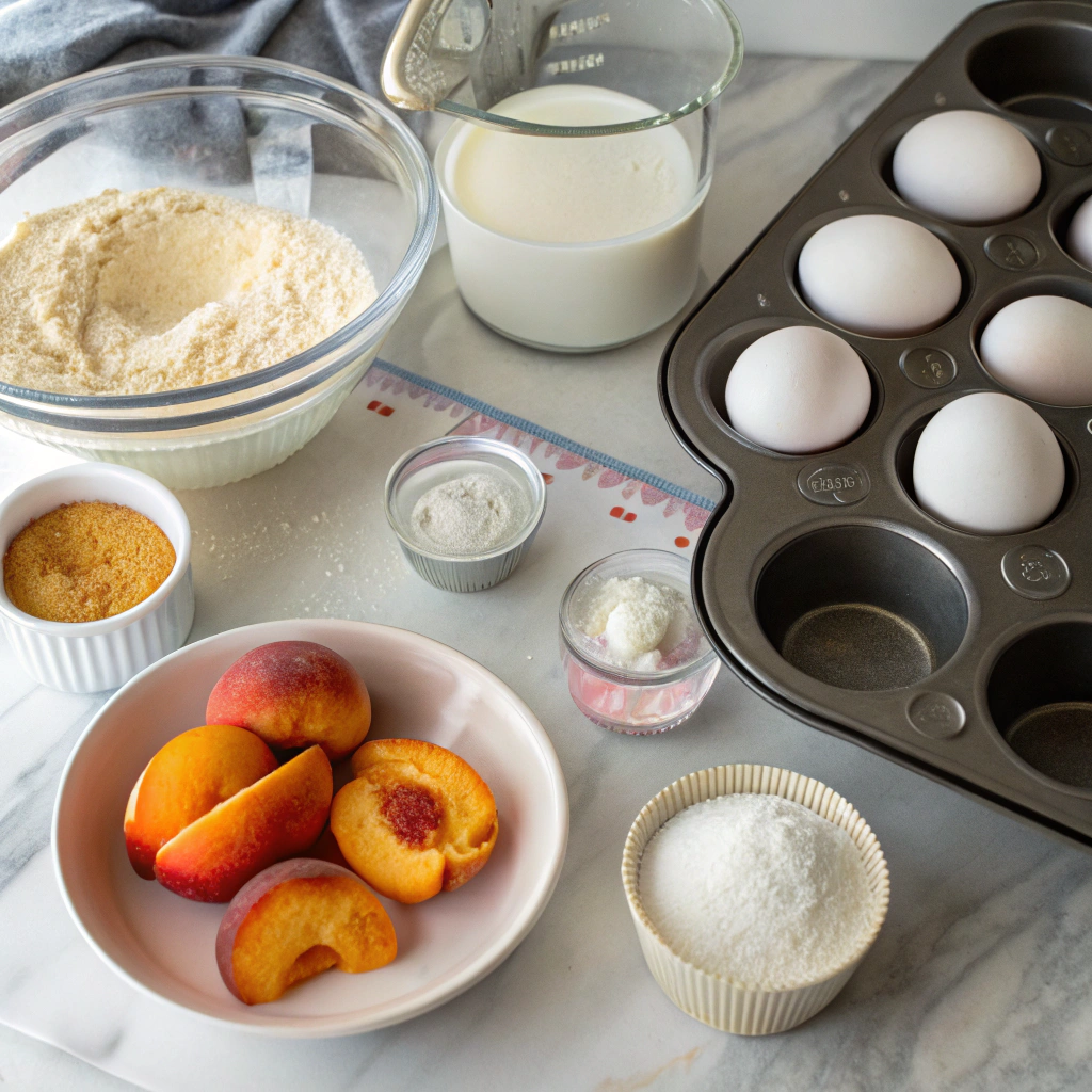 peach cornbread muffins ingredients and equipment laid out on marble countertop, including fresh peaches and cornmeal