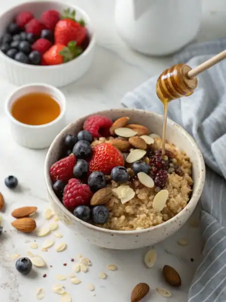 Quinoa breakfast bowl topped with colorful berries, nuts, and golden honey, served on a rustic wooden table with natural lighting