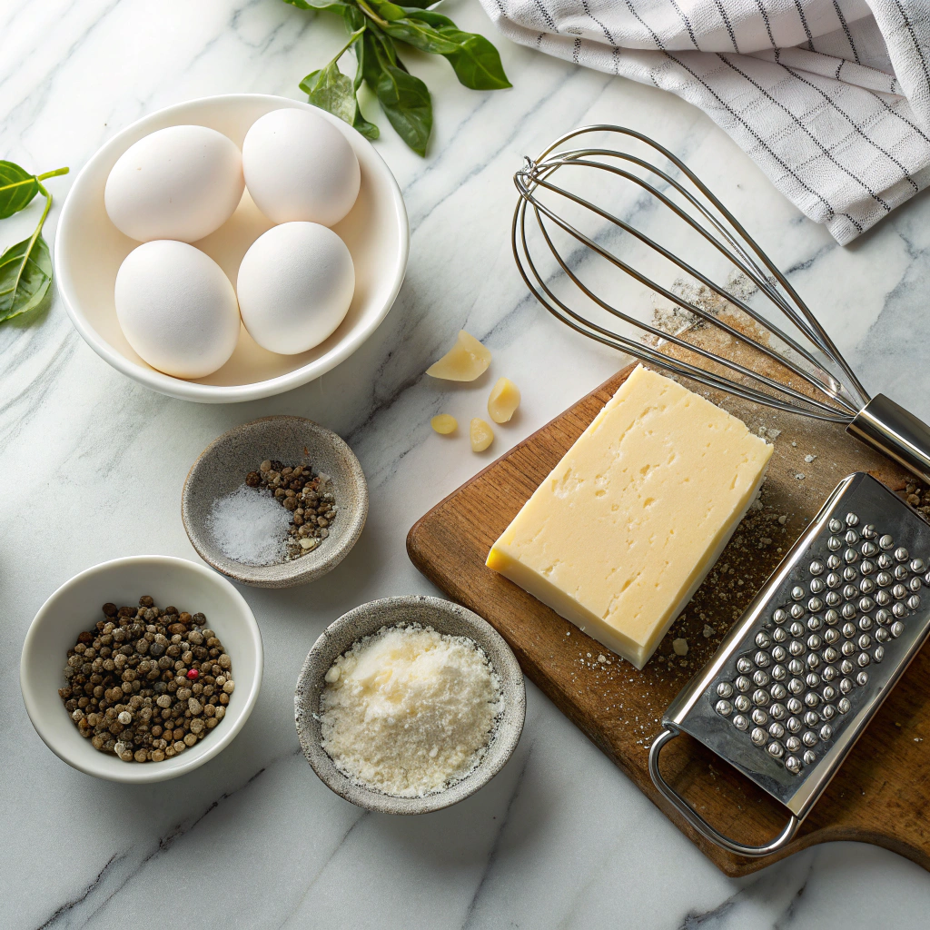 scrambled eggs with cheese ingredients arranged neatly including fresh eggs, cheese block, grater, and seasonings