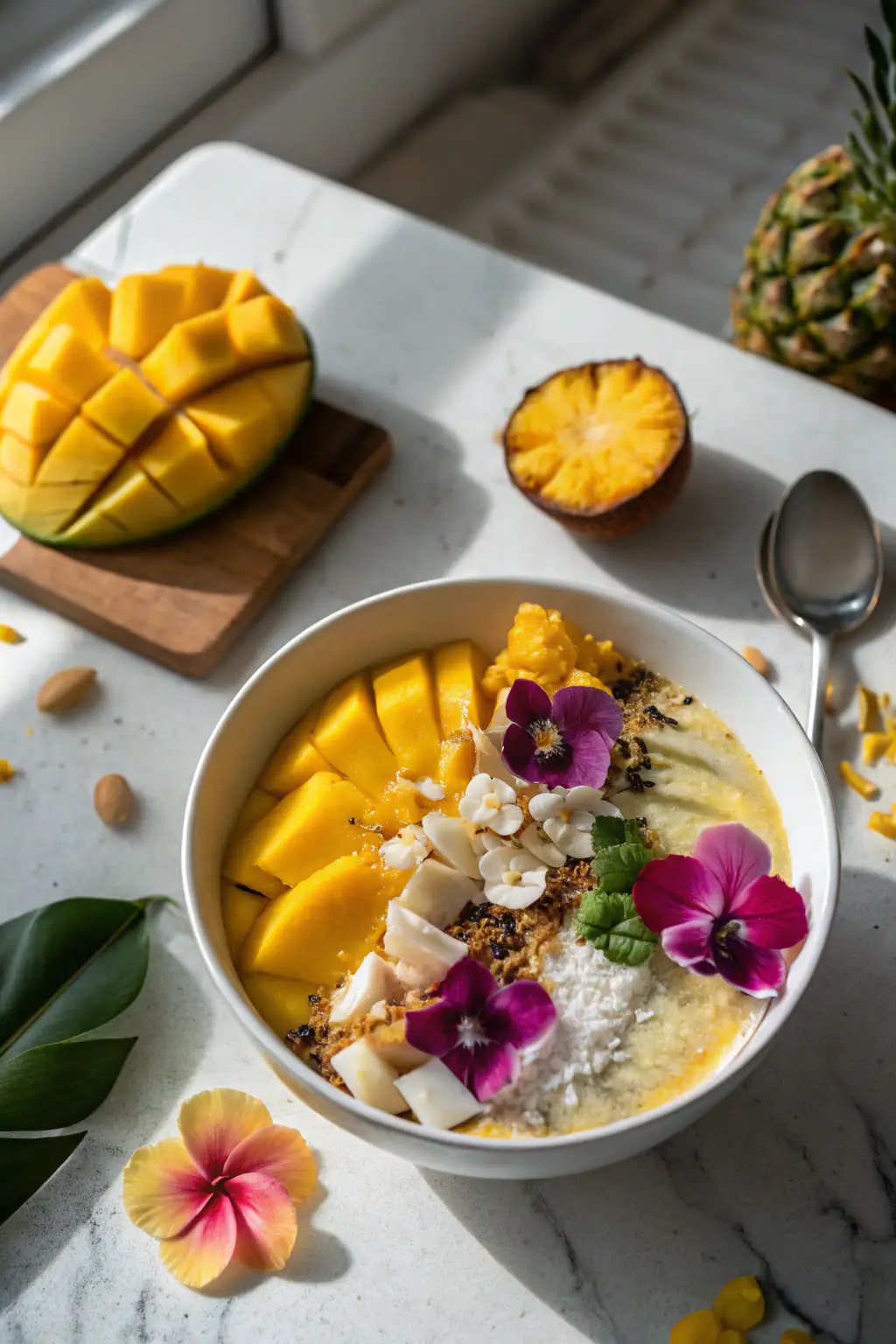 Tropical smoothie bowl with fresh mango, pineapple, and coconut toppings arranged in a white ceramic bowl