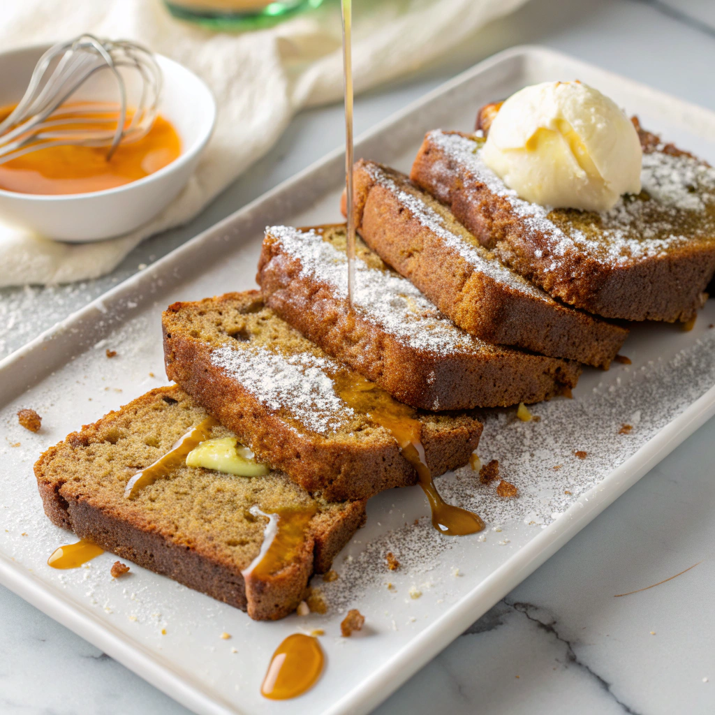 Zucchini bread french toast topped with melting butter, maple syrup, and powdered sugar on white ceramic plate