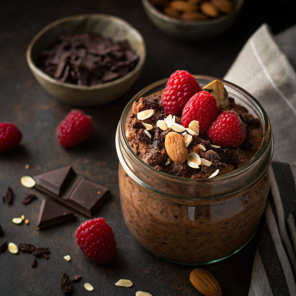 Chocolate overnight oats topped with fresh berries and chocolate shavings in a glass jar