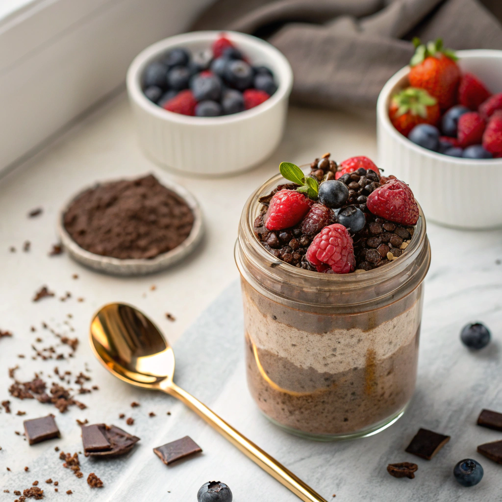 Chocolate overnight oats in mason jar topped with fresh berries and chocolate shavings, viewed from above