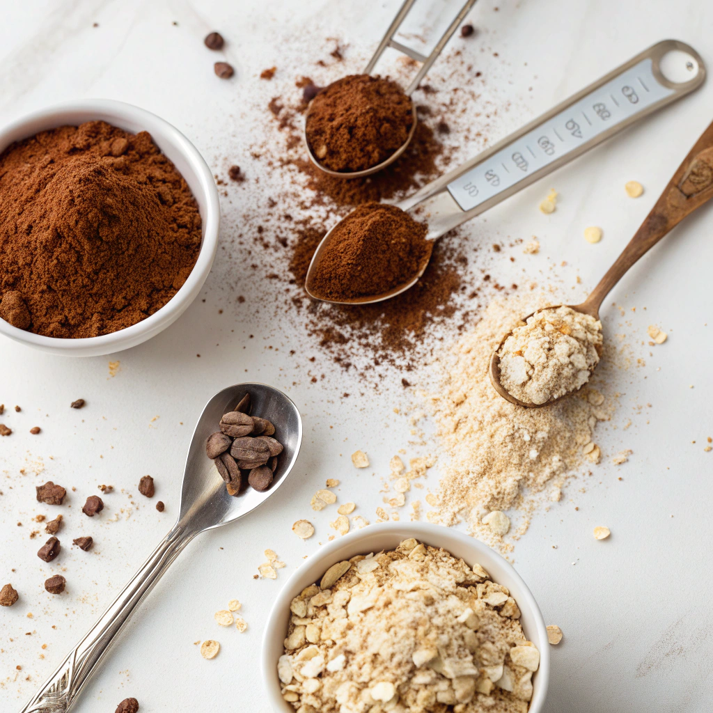 chocolate overnight oats ingredients featuring premium rolled oats and Dutch-processed cocoa powder with measuring spoons