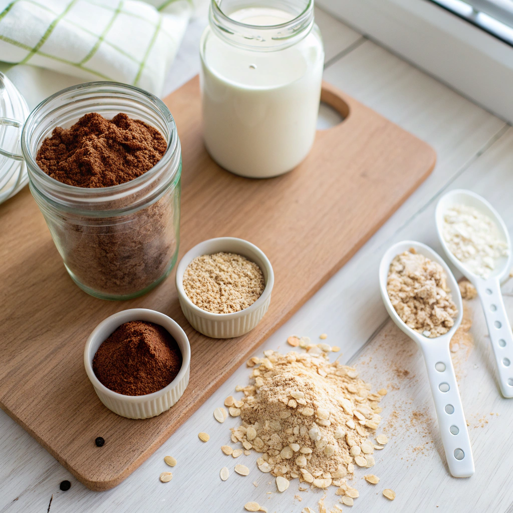 chocolate protein overnight oats ingredients and tools arranged on wooden surface with mason jar centerpiece