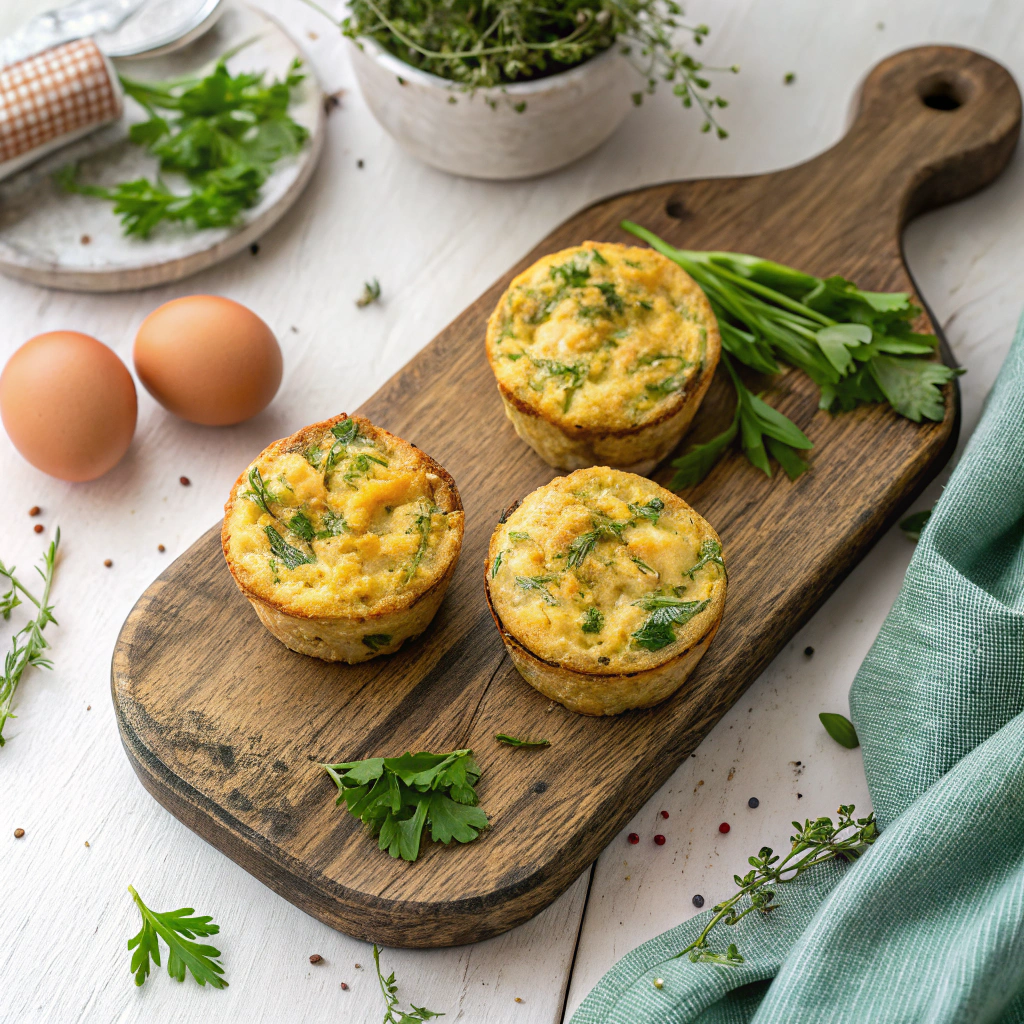 Egg frittata muffins topped with fresh herbs on wooden serving board