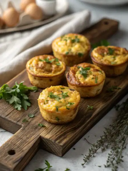 Egg frittata muffins topped with fresh herbs on wooden board, perfect for meal prep breakfast