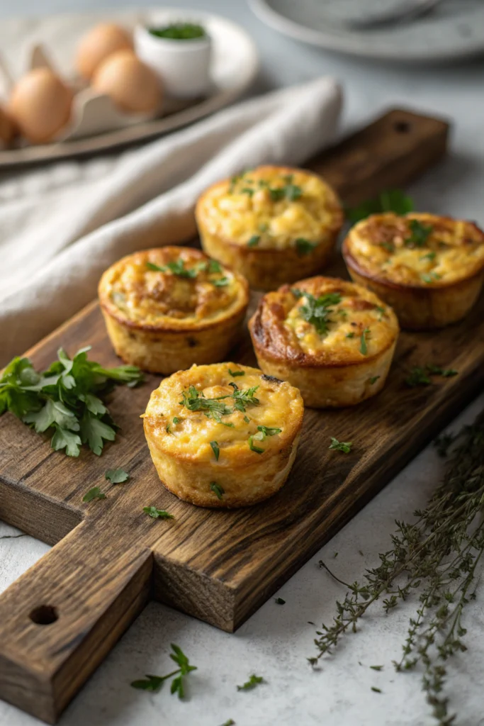 Egg frittata muffins topped with fresh herbs on wooden board, perfect for meal prep breakfast