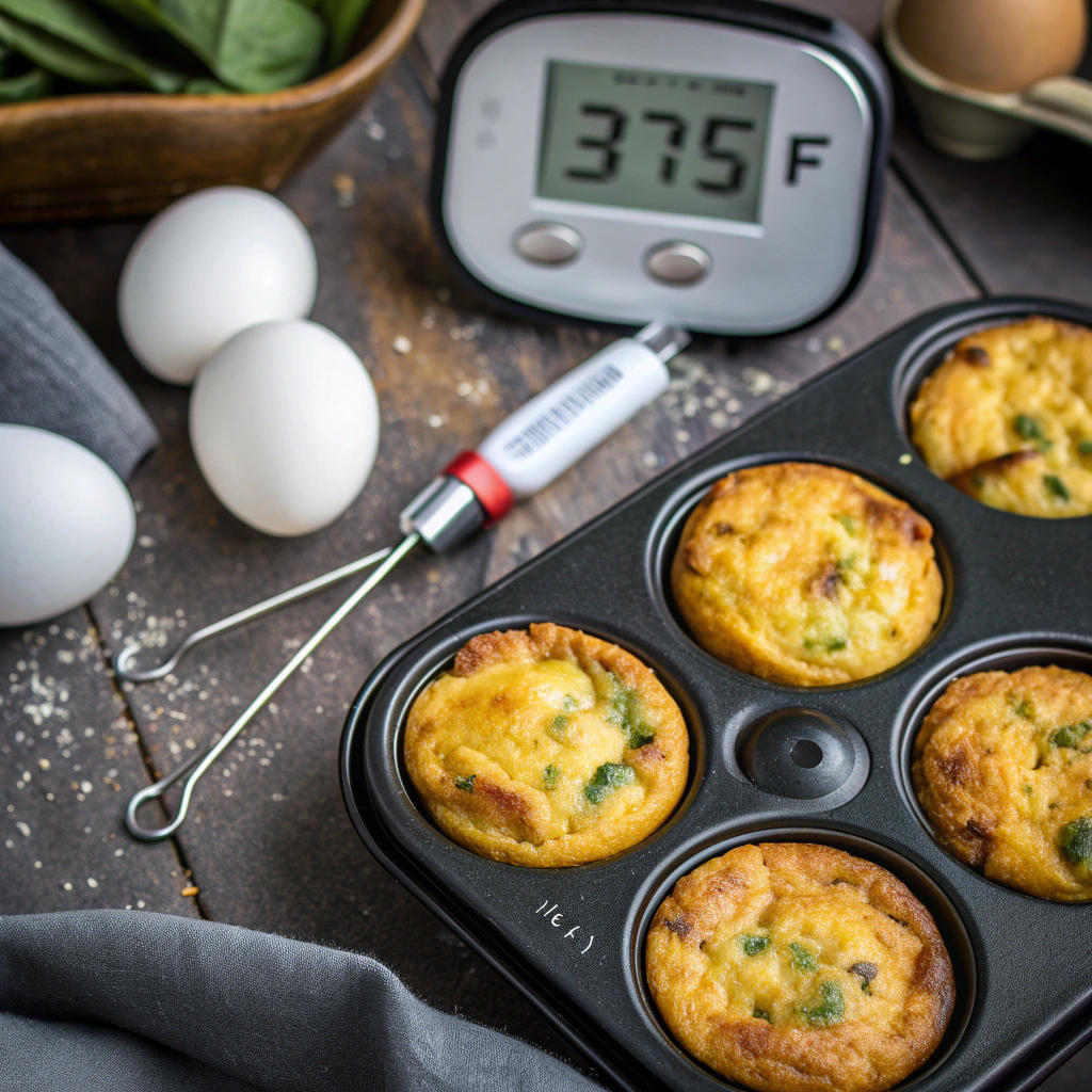 Egg frittata muffins with thermometer showing perfect baking temperature of 375°F in professional muffin tin