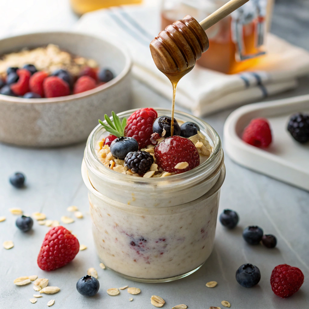 Overnight oats topped with fresh berries and honey in mason jar, viewed from above