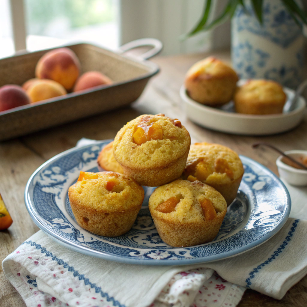 Peach cornbread muffins with melting butter, Southern-style presentation showing golden tops and fresh peach pieces