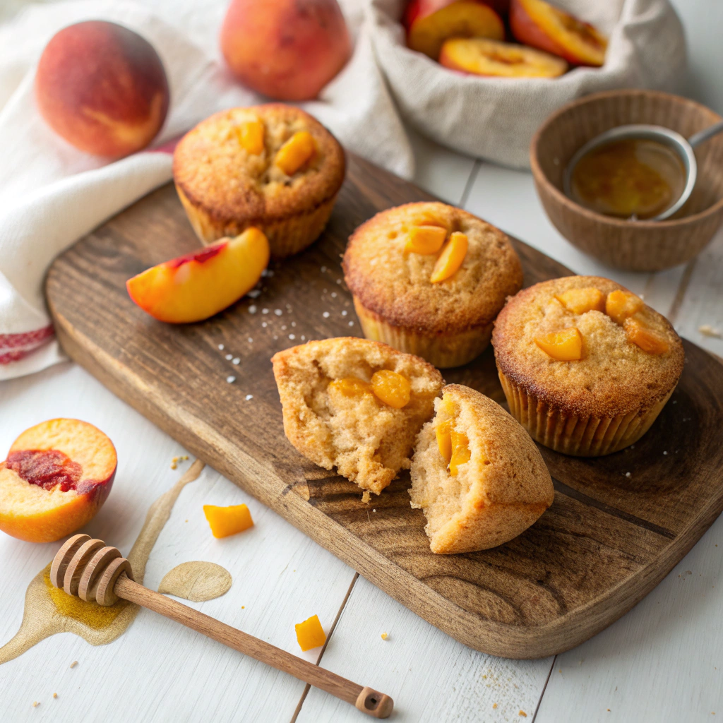 Peach cornbread muffins with visible fruit chunks and honey drizzle on wooden serving board