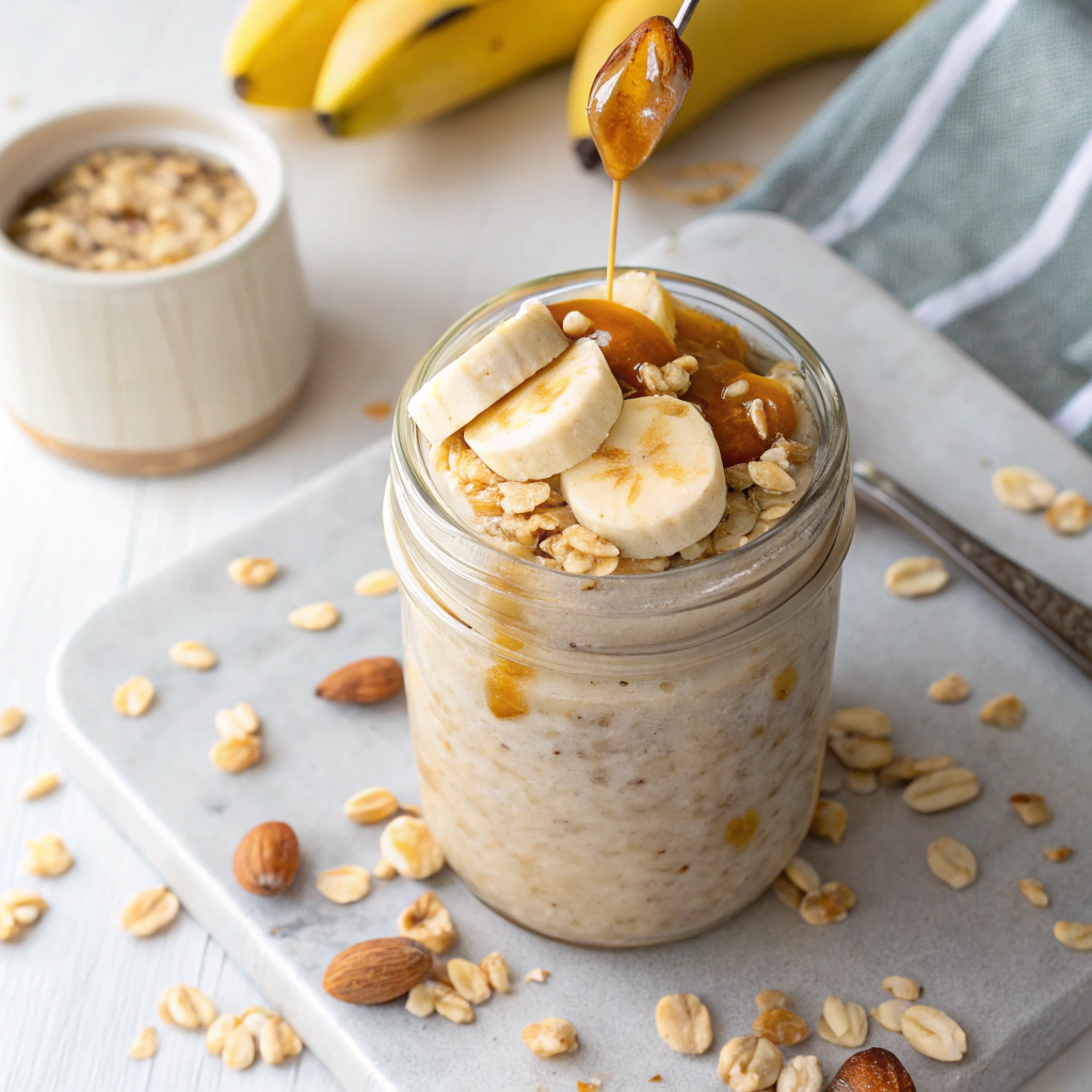 Peanut butter overnight oats topped with fresh bananas, honey drizzle, and chopped peanuts in a rustic mason jar