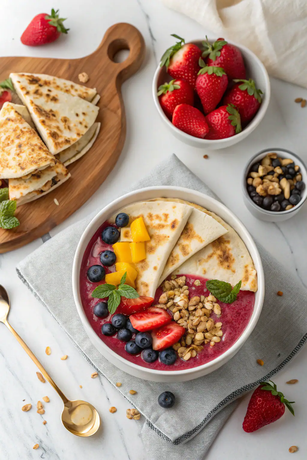 Quick breakfast options spread featuring colorful smoothie bowl, quesadilla, and overnight oats on marble countertop